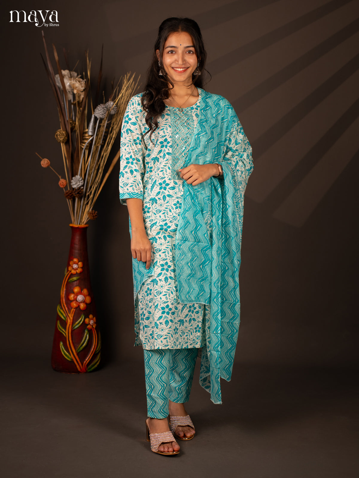 Cream Cotton 3Pc Salwar Suit With Floral Print - Top , Bottom & Dupatta