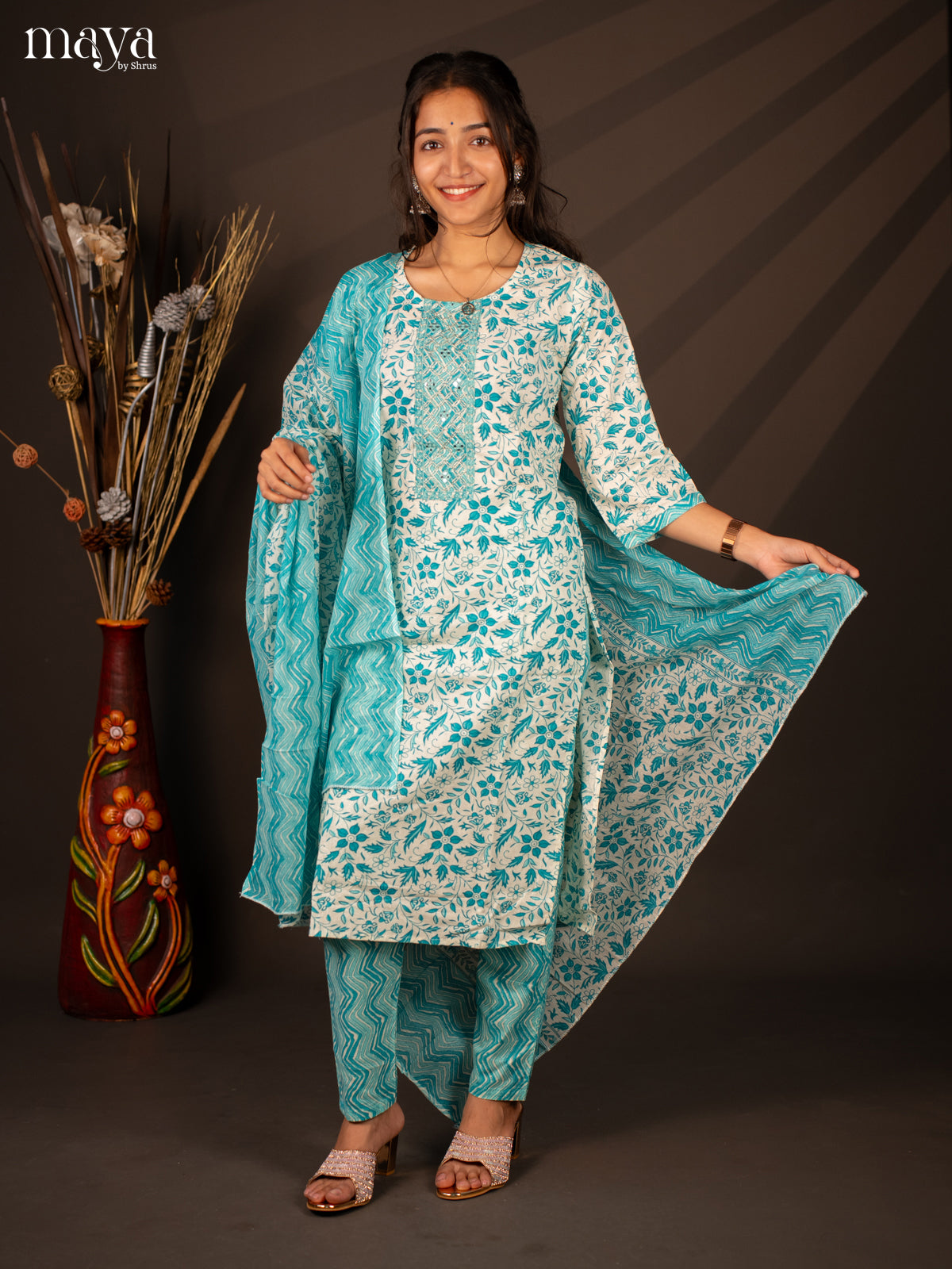 Cream Cotton 3Pc Salwar Suit With Floral Print - Top , Bottom & Dupatta