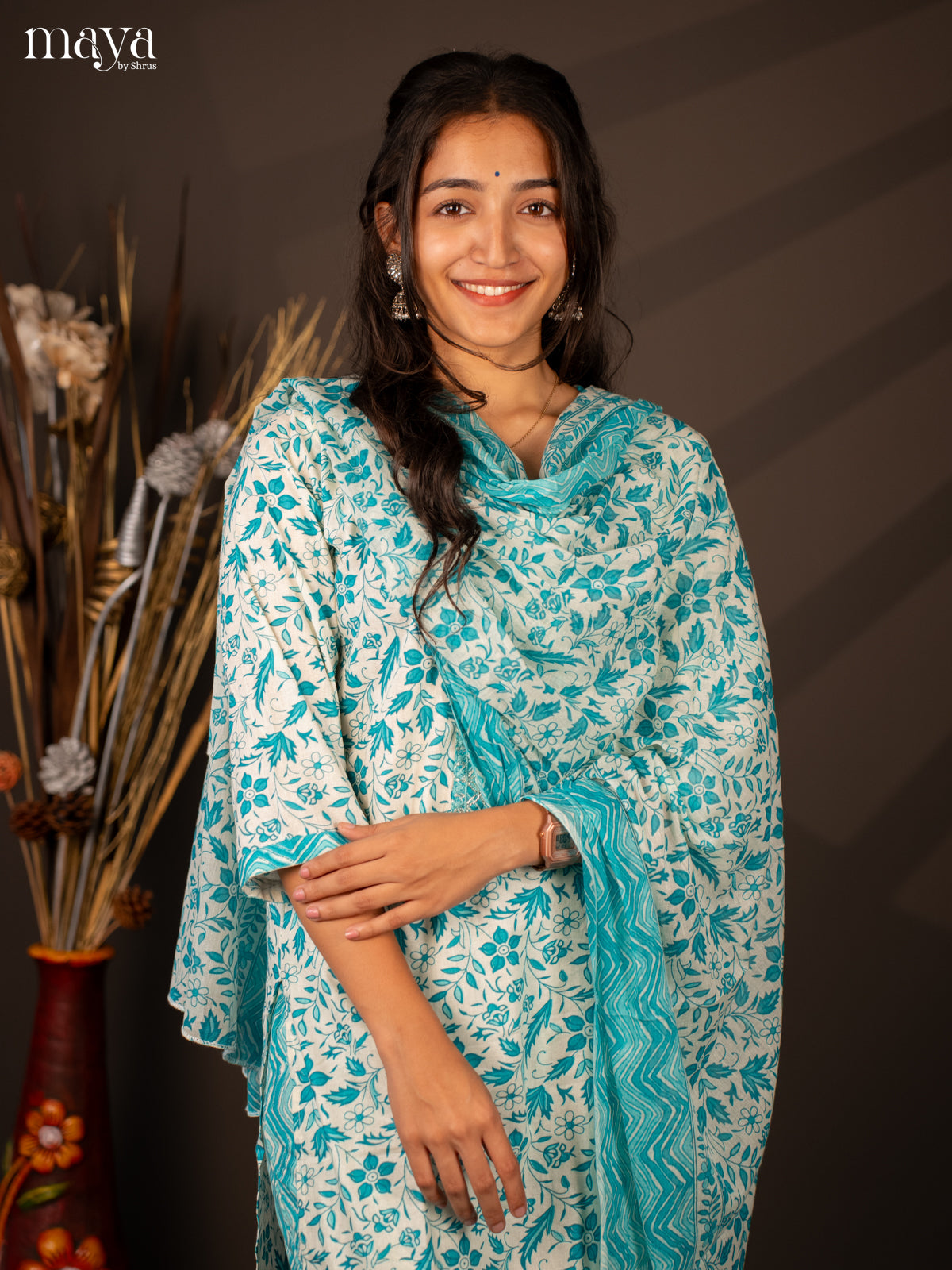 Cream Cotton 3Pc Salwar Suit With Floral Print - Top , Bottom & Dupatta