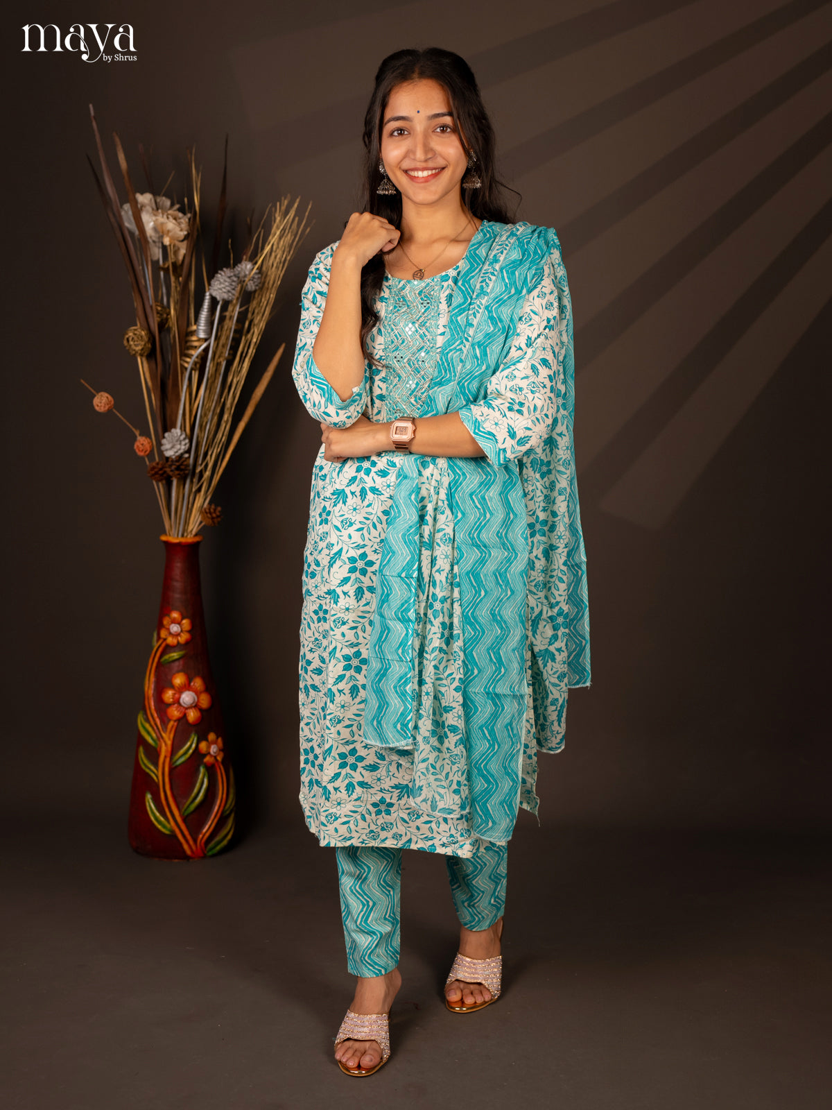 Cream Cotton 3Pc Salwar Suit With Floral Print - Top , Bottom & Dupatta