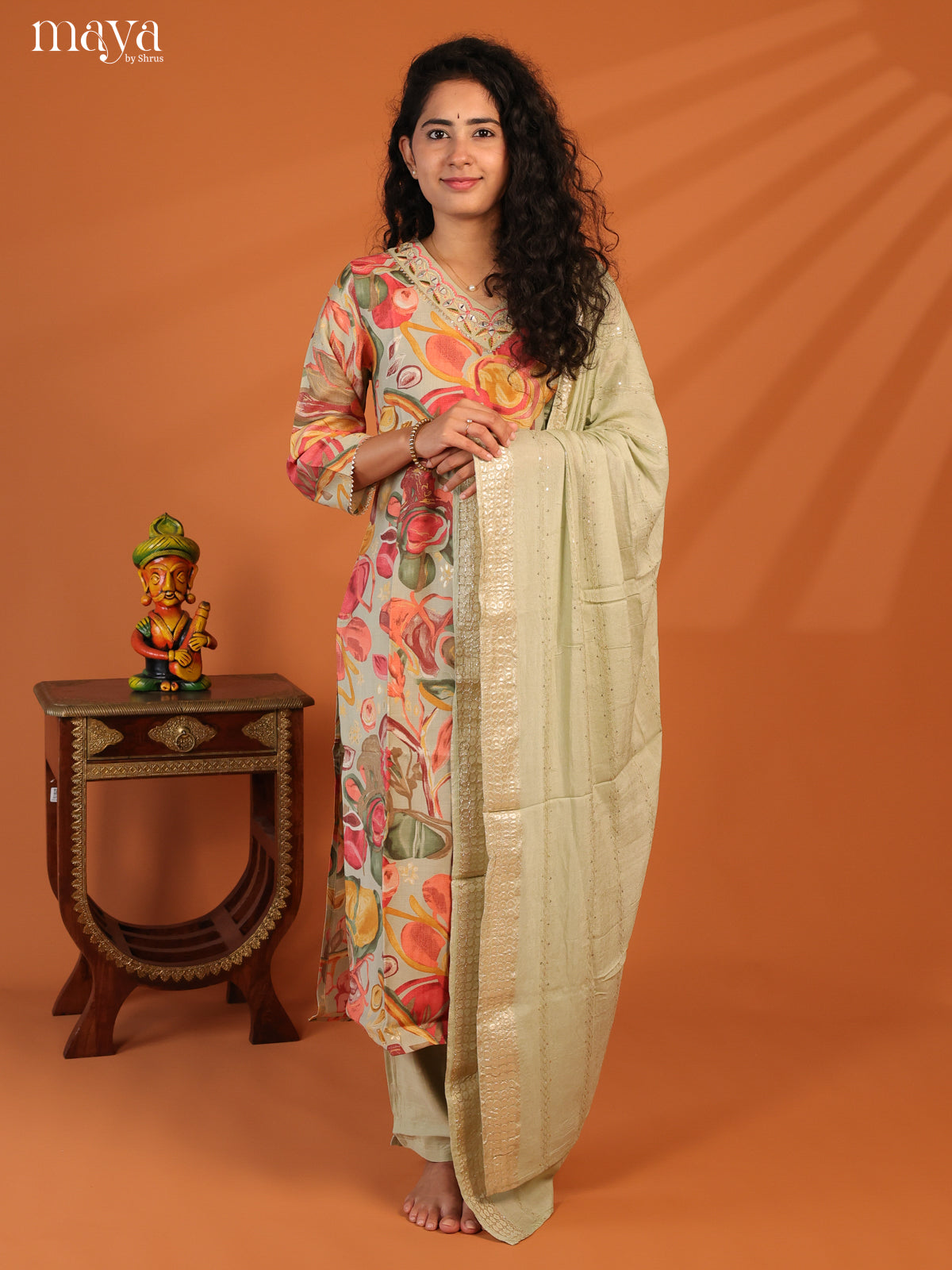 Green Linen Cotton 3Pc Salwar Suit With Floral Print - Top, Bottom & Dupatta