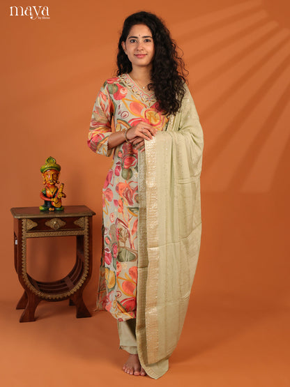 Green Linen Cotton 3Pc Salwar Suit With Floral Print - Top, Bottom & Dupatta