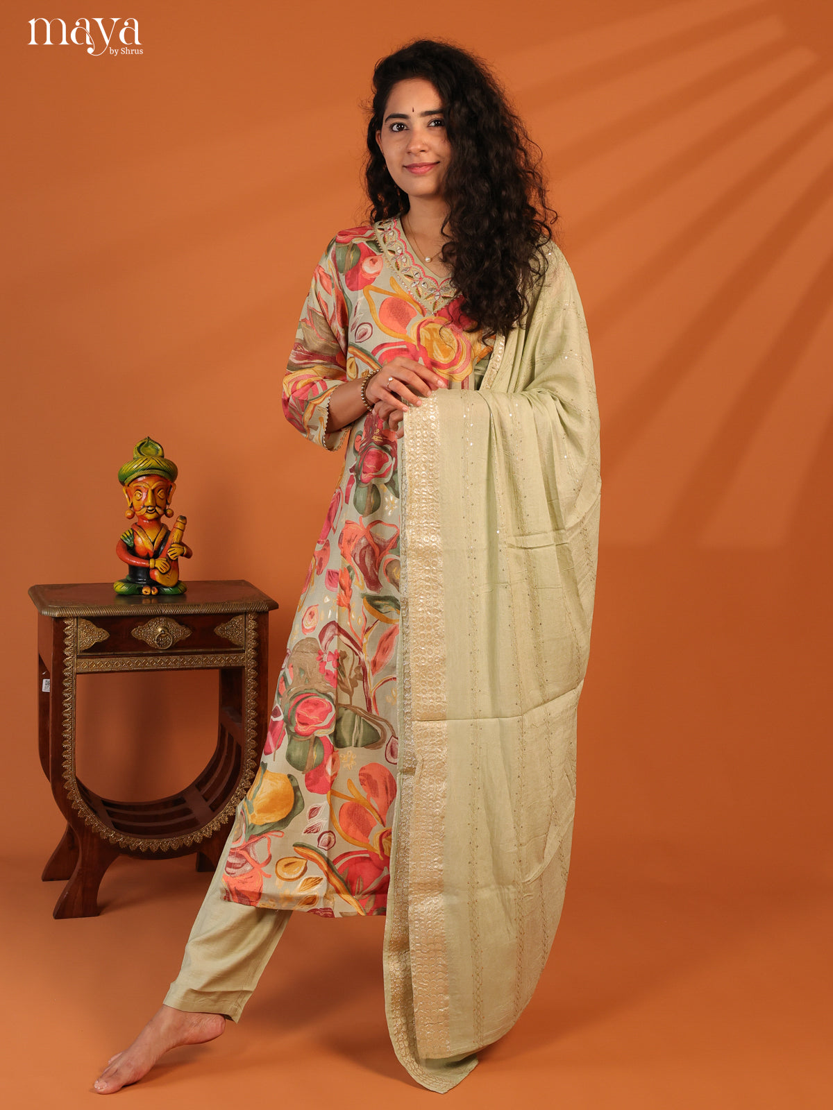 Green Linen Cotton 3Pc Salwar Suit With Floral Print - Top, Bottom & Dupatta