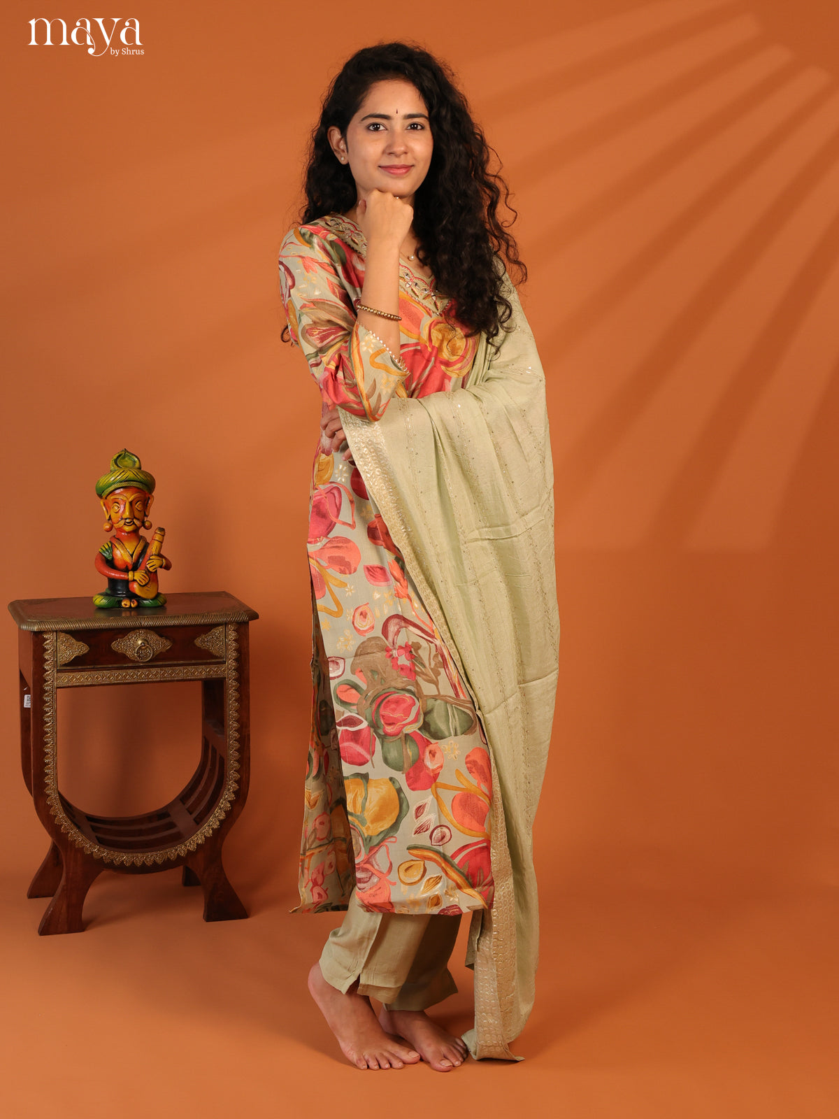 Green Linen Cotton 3Pc Salwar Suit With Floral Print - Top, Bottom & Dupatta