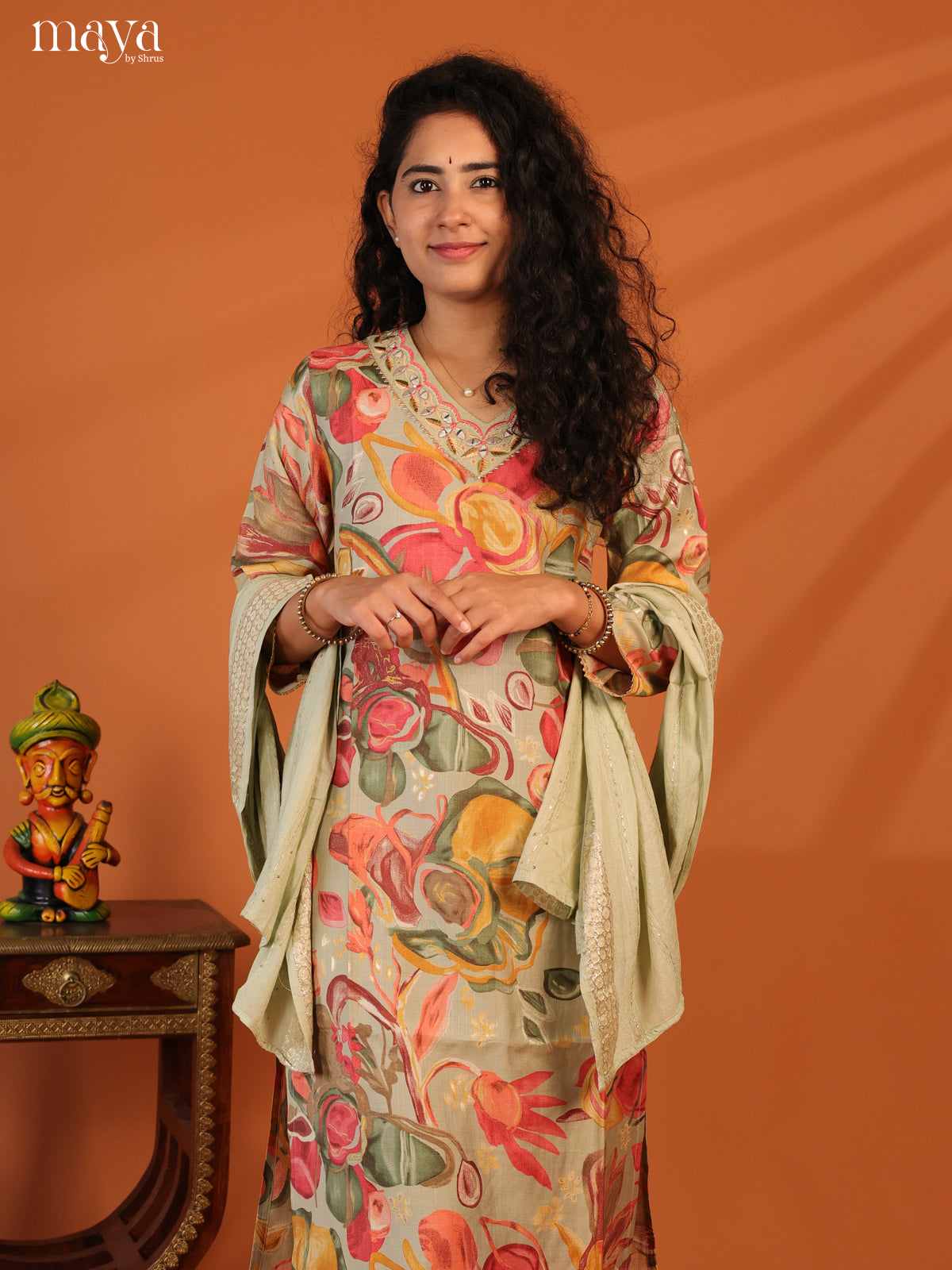 Green Linen Cotton 3Pc Salwar Suit With Floral Print - Top, Bottom & Dupatta