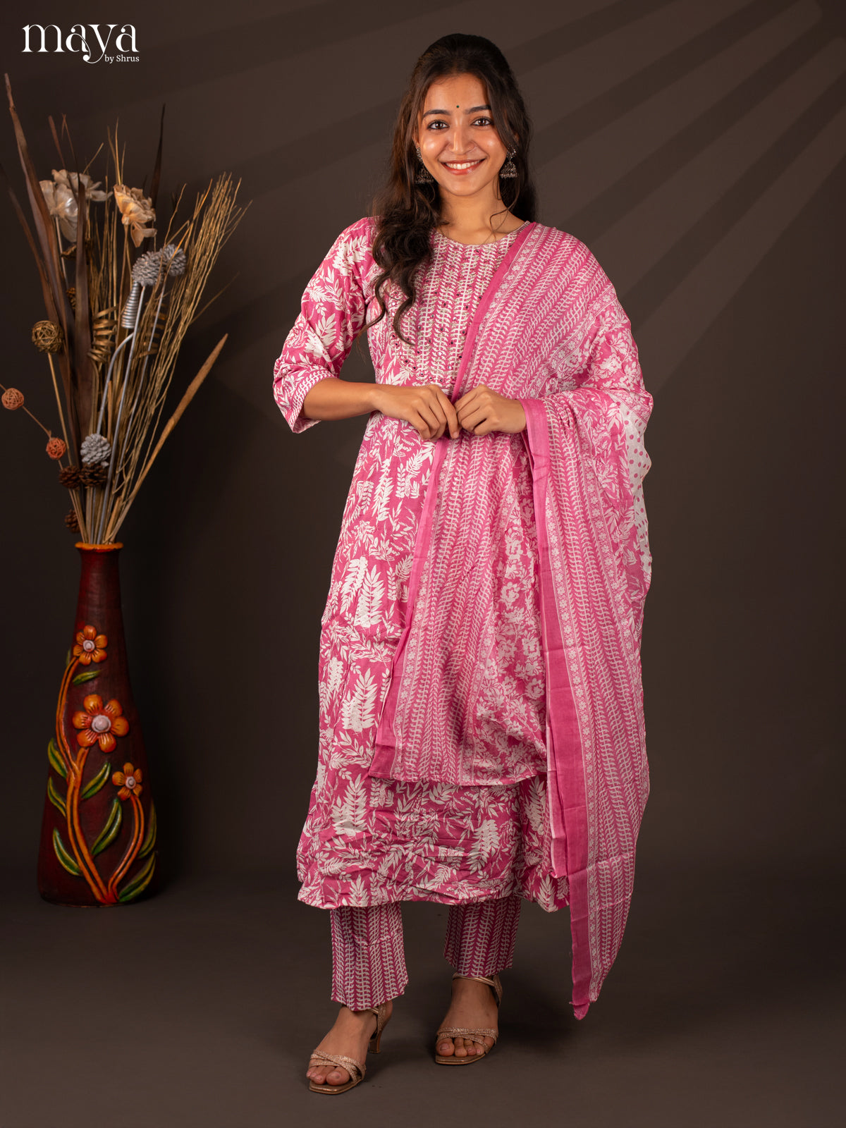Pink Cotton 3Pc Salwar Suit With Floral Print - Top, Bottom & Dupatta