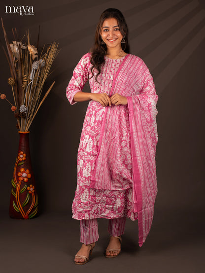 Pink Cotton 3Pc Salwar Suit With Floral Print - Top, Bottom & Dupatta
