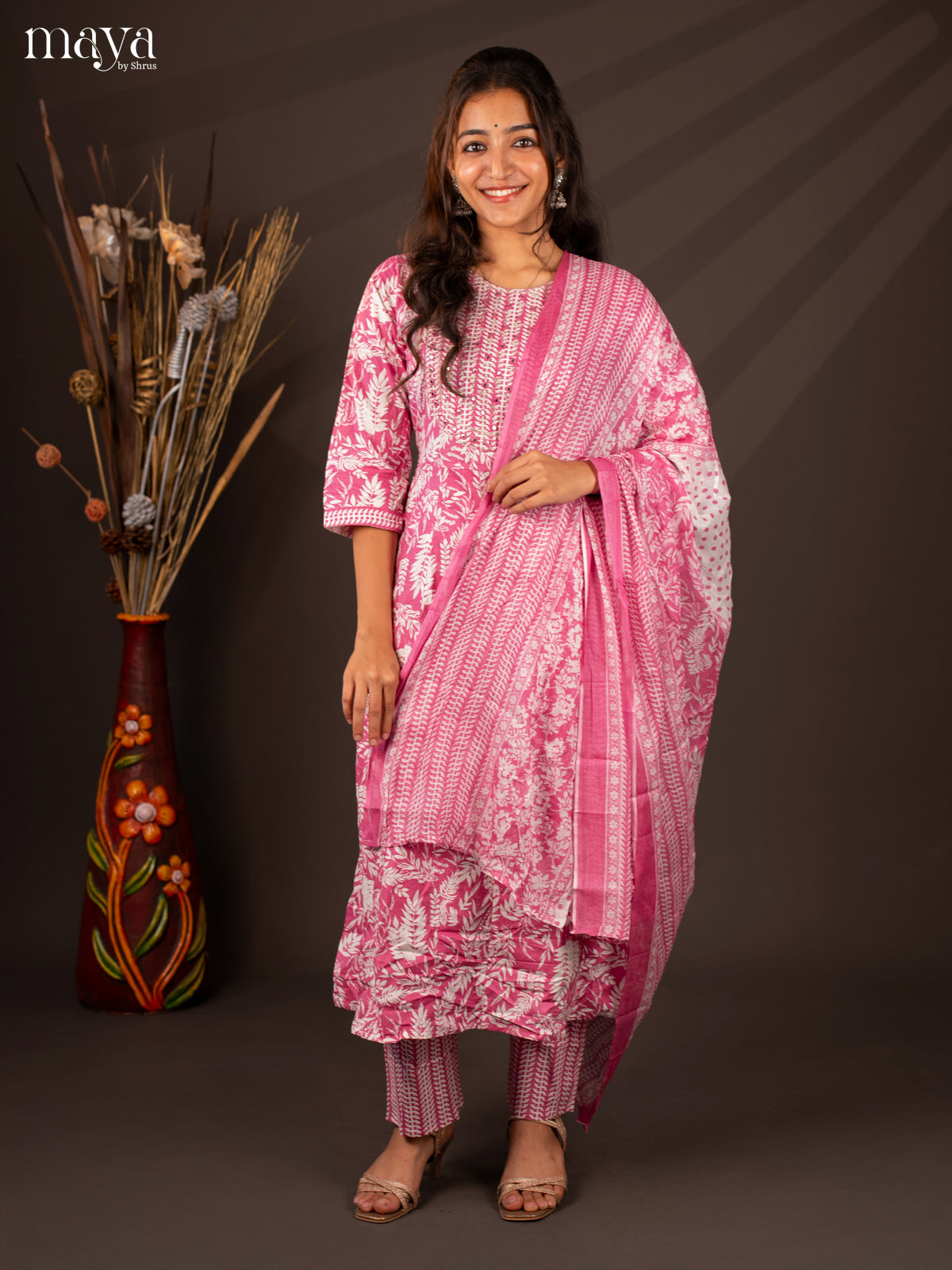 Pink Cotton 3Pc Salwar Suit With Floral Print - Top, Bottom & Dupatta