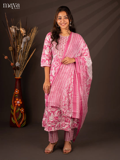 Pink Cotton 3Pc Salwar Suit With Floral Print - Top, Bottom & Dupatta