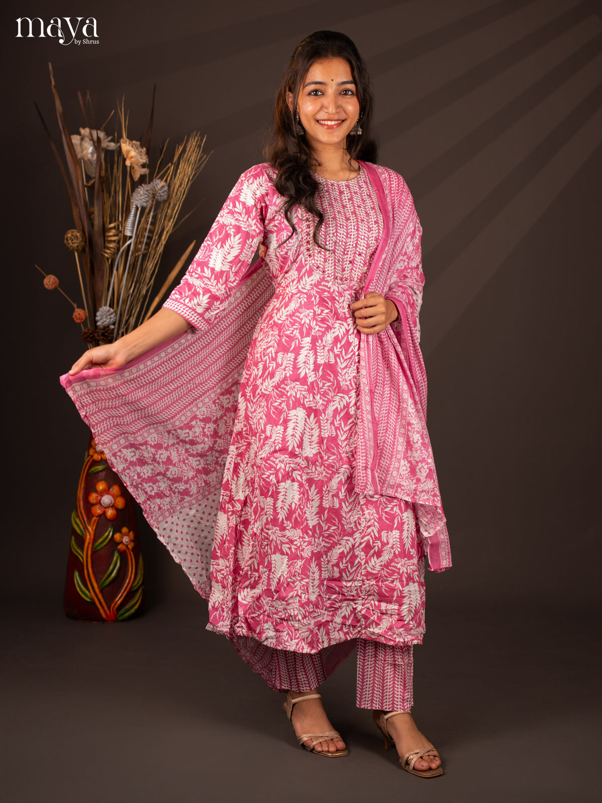 Pink Cotton 3Pc Salwar Suit With Floral Print - Top, Bottom & Dupatta