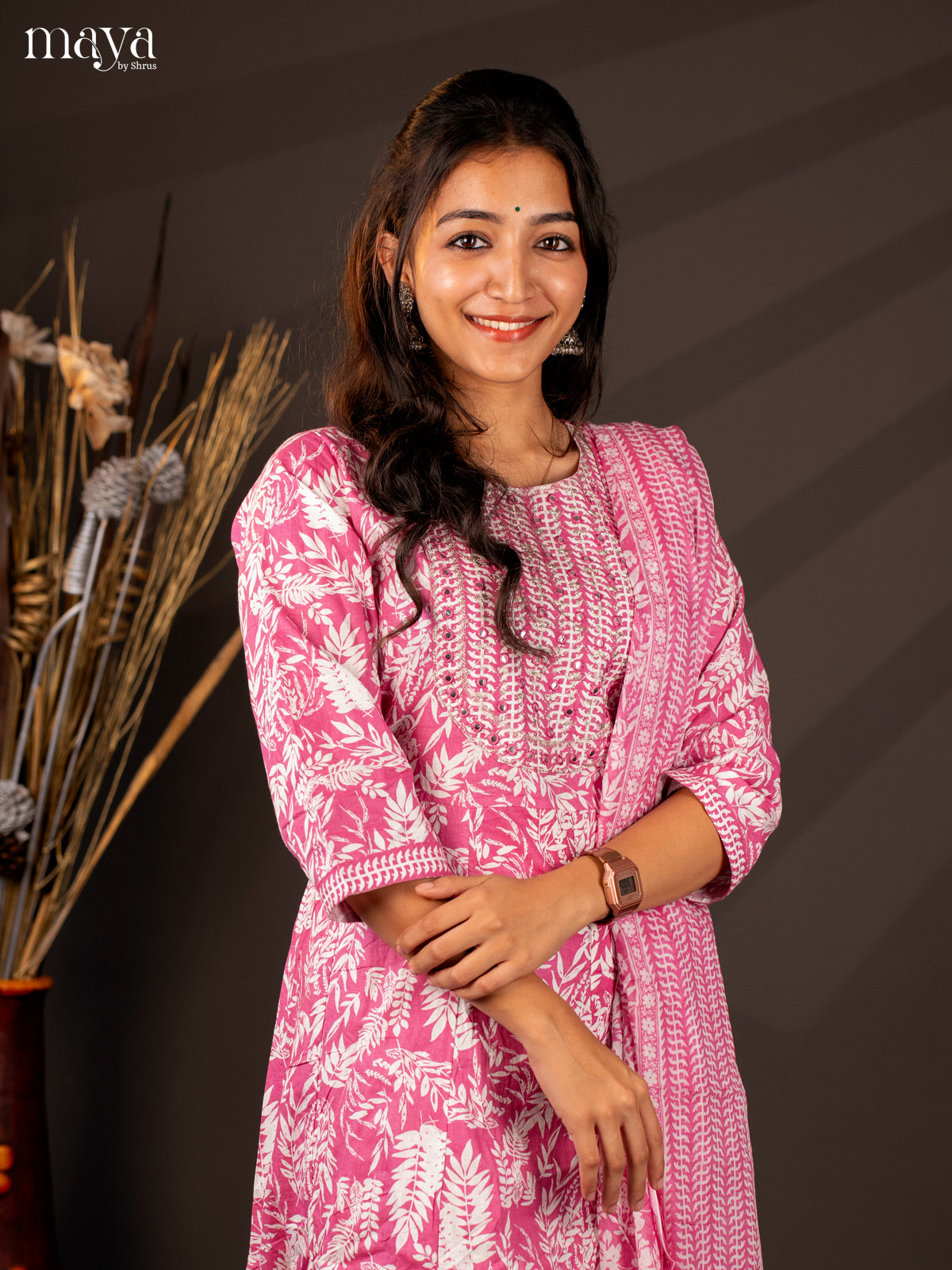 Pink Cotton 3Pc Salwar Suit With Floral Print - Top, Bottom & Dupatta