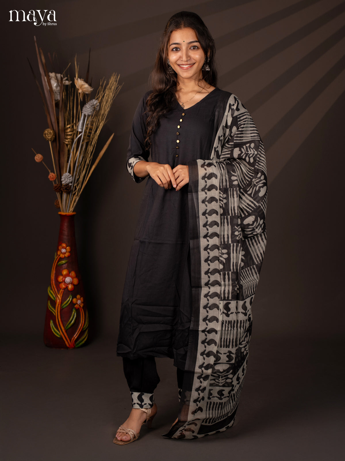 Black Cotton 3Pc Salwar Suit With Floral Print - Top, Bottom & Dupatta