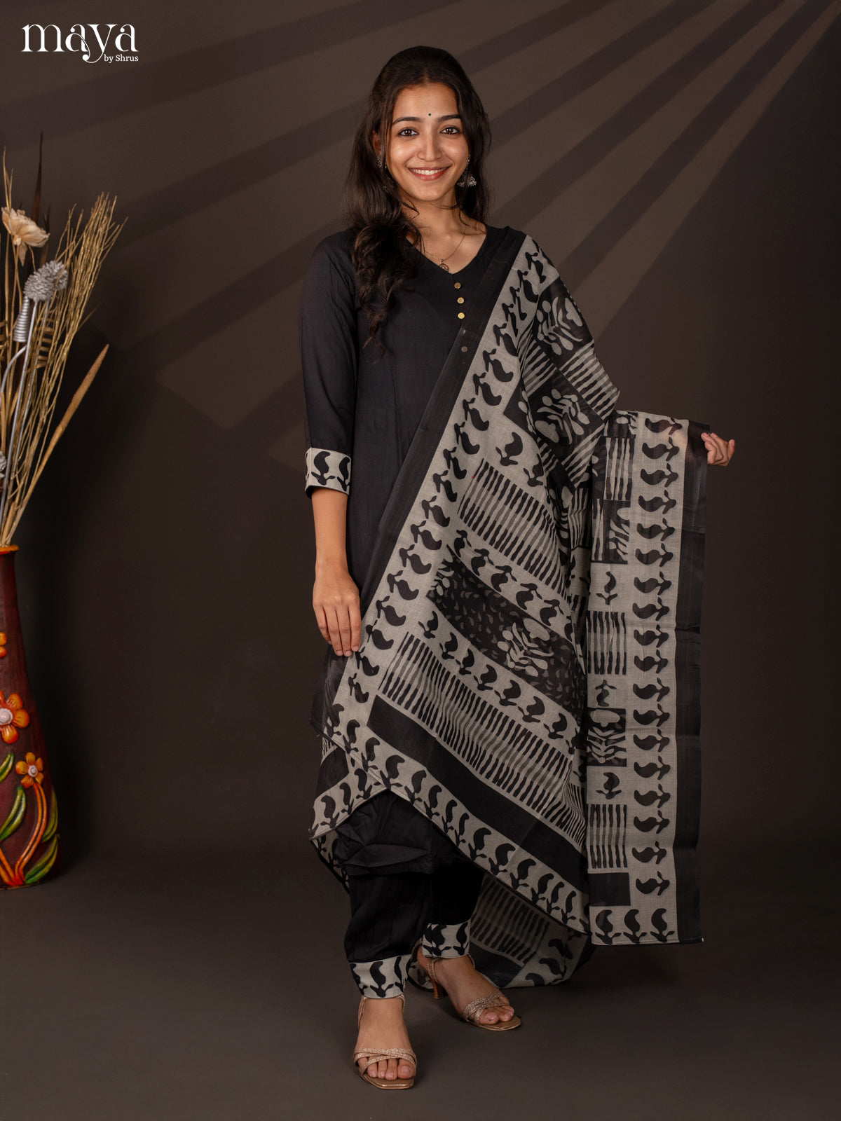 Black Cotton 3Pc Salwar Suit With Floral Print - Top, Bottom & Dupatta