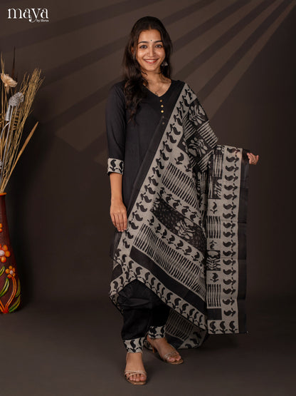 Black Cotton 3Pc Salwar Suit With Floral Print - Top, Bottom & Dupatta
