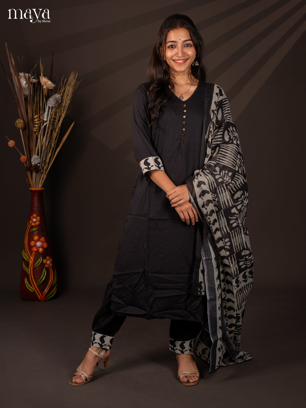 Black Cotton 3Pc Salwar Suit With Floral Print - Top, Bottom & Dupatta
