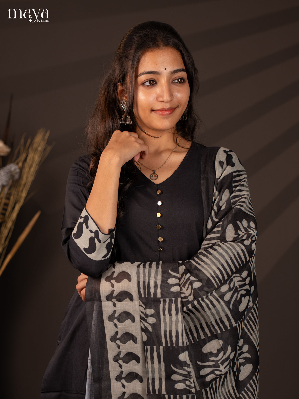 Black Cotton 3Pc Salwar Suit With Floral Print - Top, Bottom & Dupatta