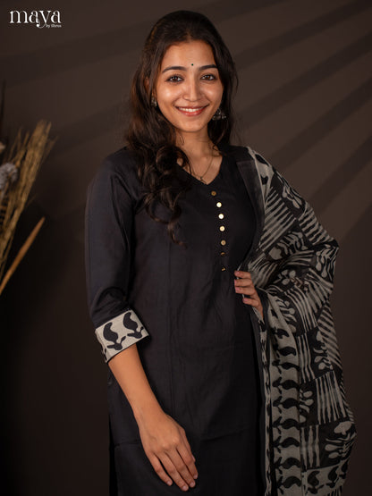 Black Cotton 3Pc Salwar Suit With Floral Print - Top, Bottom & Dupatta