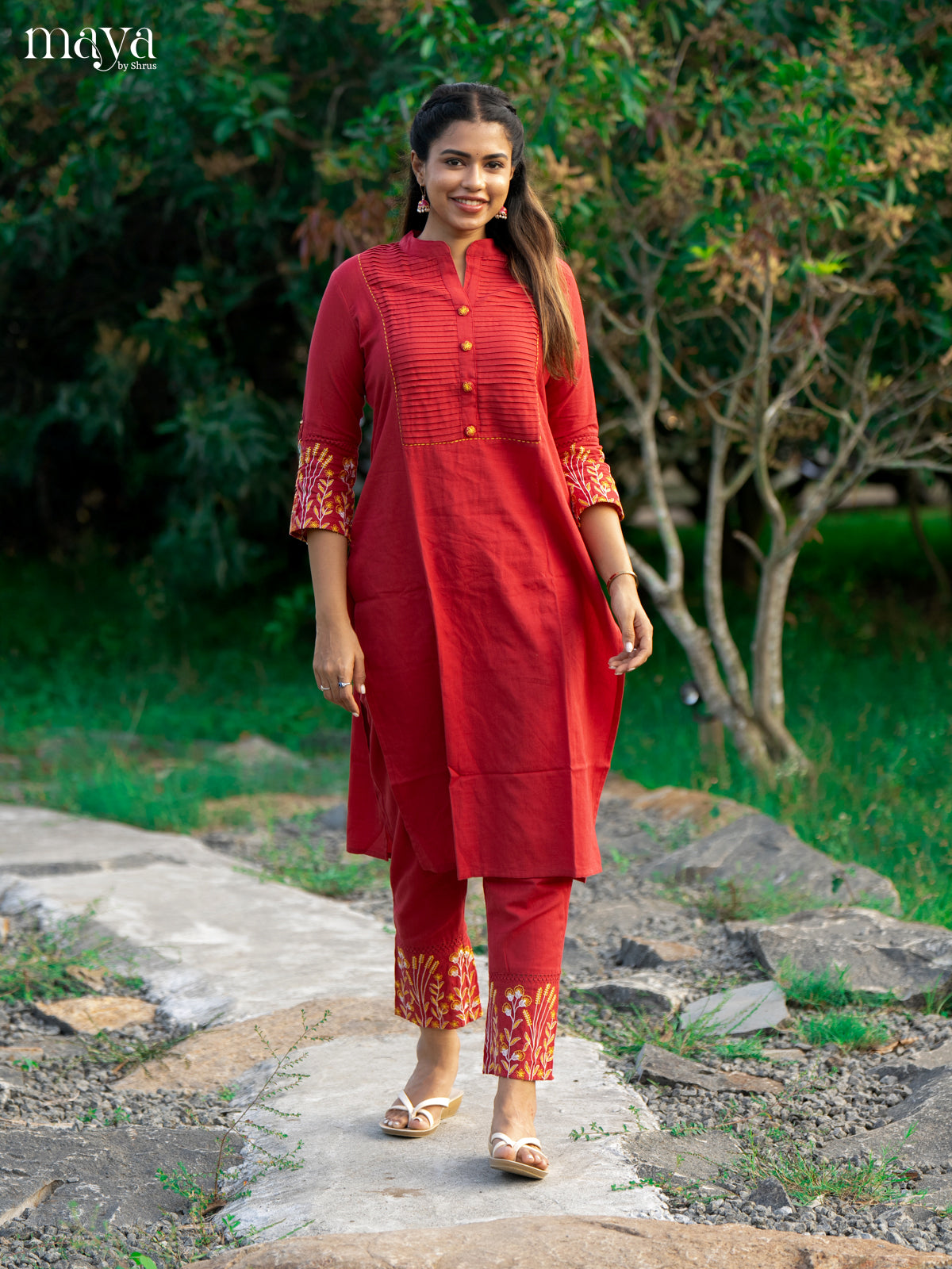 Red Cotton 2Pc Solid Salwar Suit - Top & Bottom
