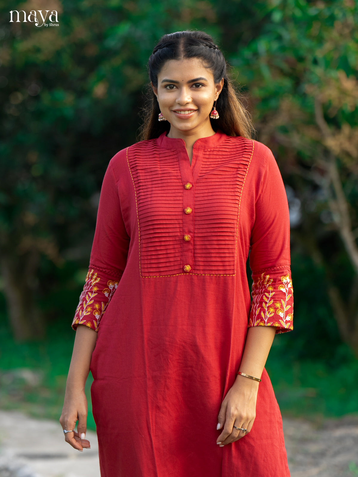 Red Cotton 2Pc Solid Salwar Suit - Top & Bottom