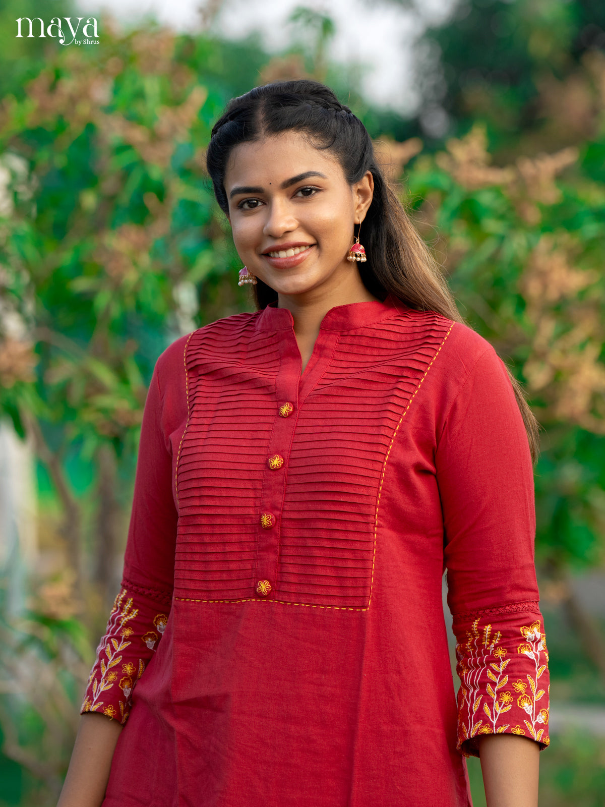 Red Cotton 2Pc Solid Salwar Suit - Top & Bottom