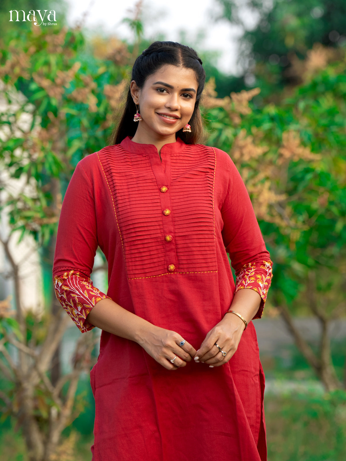 Red Cotton 2Pc Solid Salwar Suit - Top & Bottom