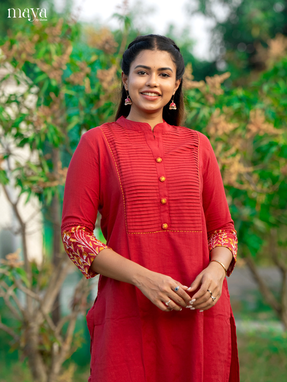 Red Cotton 2Pc Solid Salwar Suit - Top & Bottom