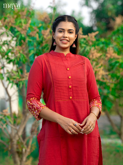Red Cotton 2Pc Solid Salwar Suit - Top & Bottom