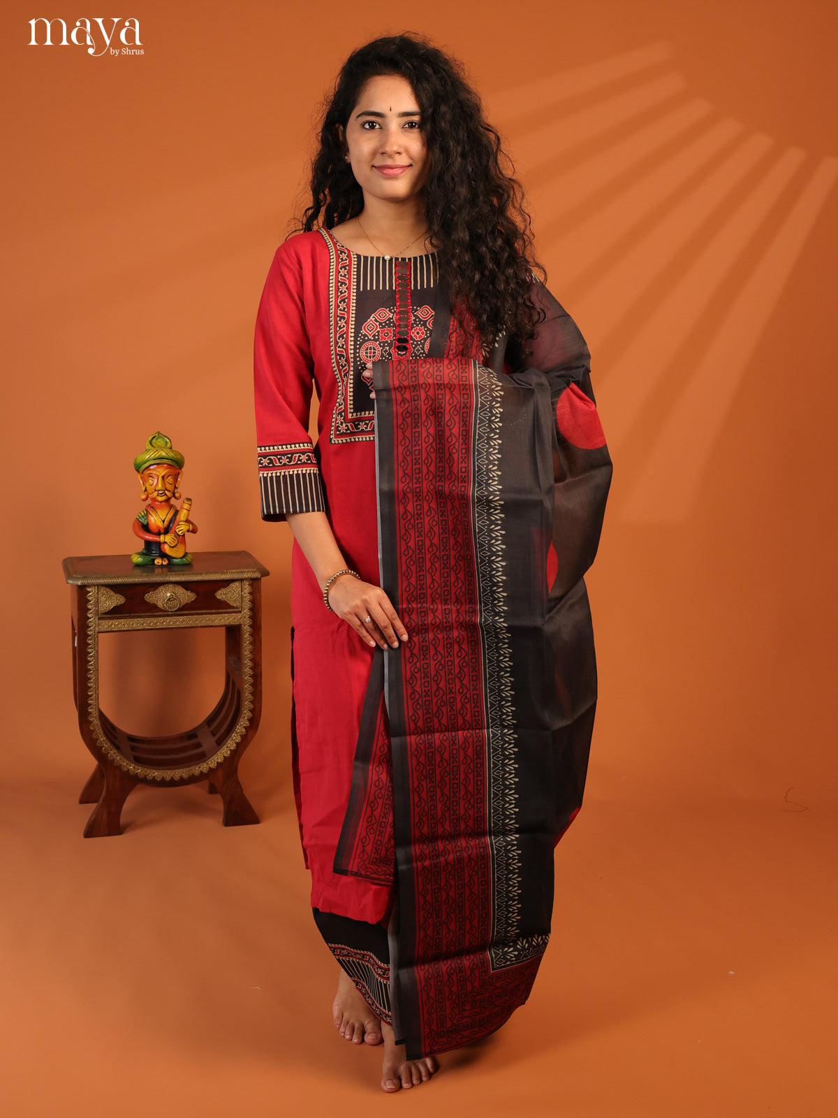 Red Cotton 3Pc Salwar Suit with Ajrakh Print- Top, Bottom & Dupatta