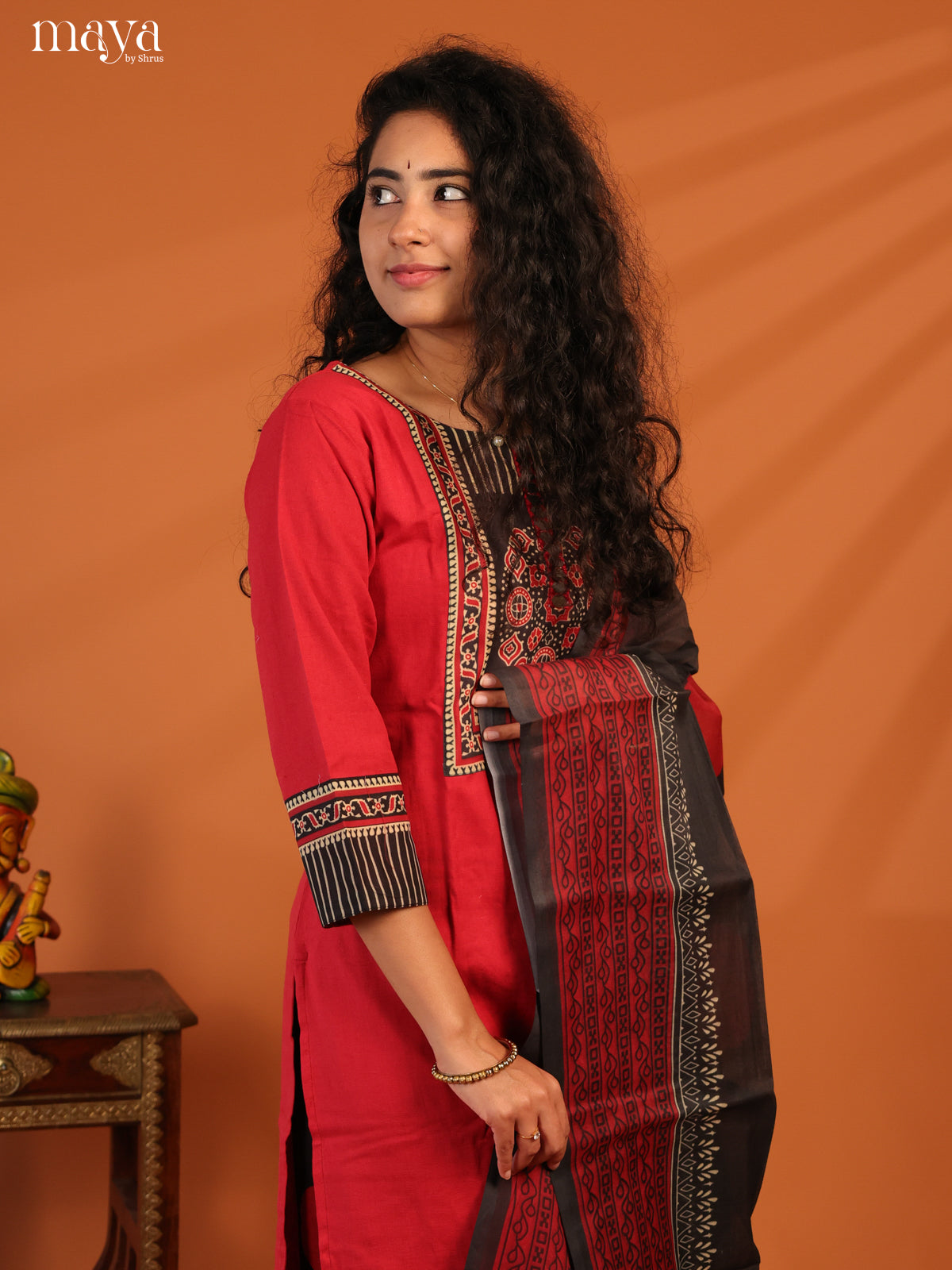 Red Cotton 3Pc Salwar Suit with Ajrakh Print- Top, Bottom & Dupatta