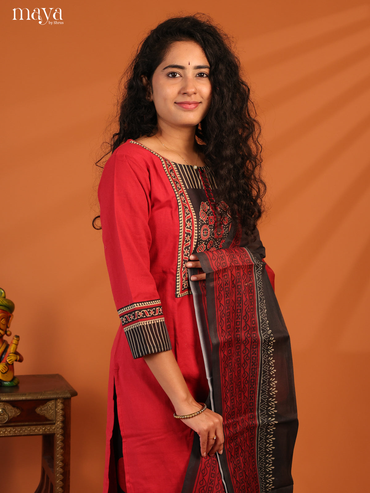 Red Cotton 3Pc Salwar Suit with Ajrakh Print- Top, Bottom & Dupatta