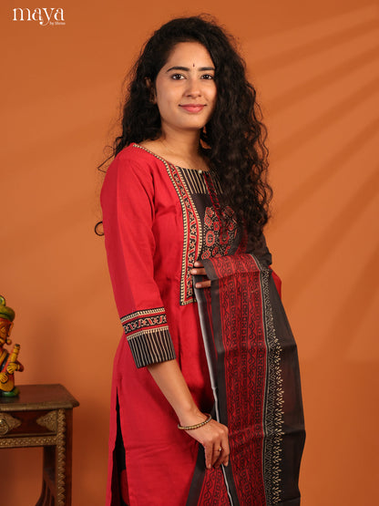 Red Cotton 3Pc Salwar Suit with Ajrakh Print- Top, Bottom & Dupatta