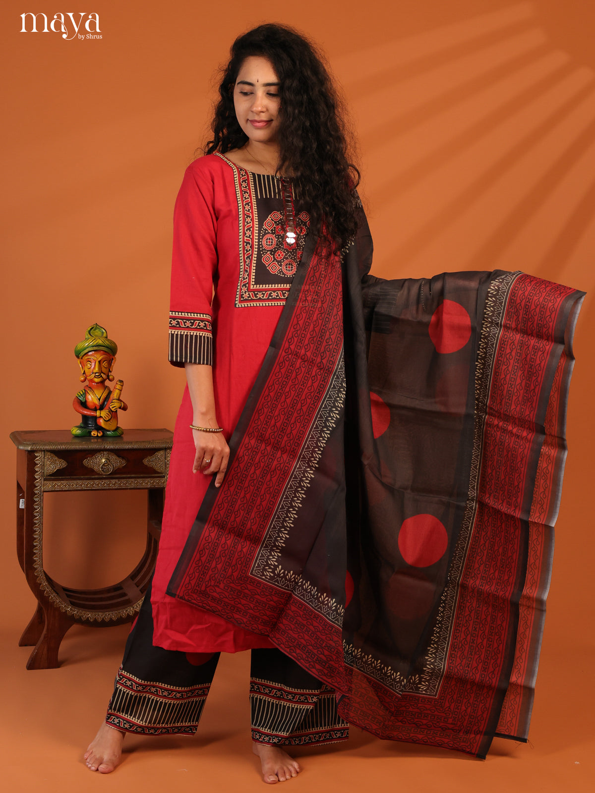 Red Cotton 3Pc Salwar Suit with Ajrakh Print- Top, Bottom & Dupatta