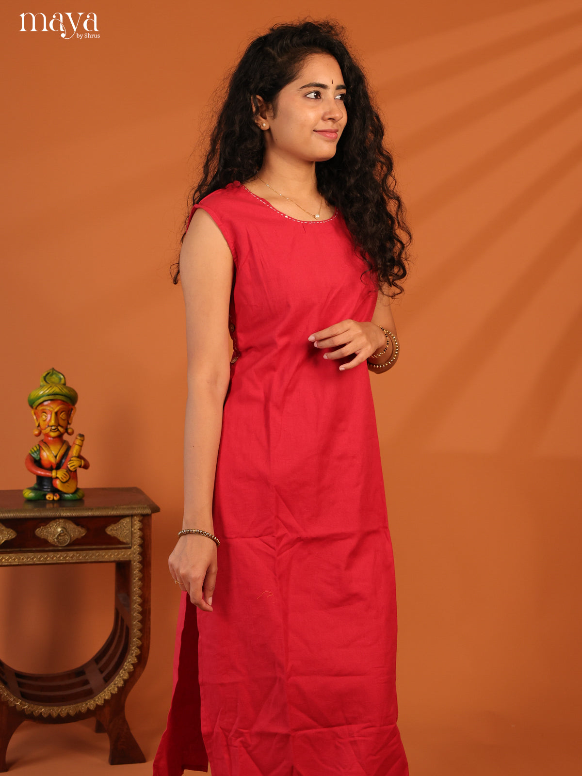 Red Cotton 2Pc Solid Salwar Suit - Top & Bottom