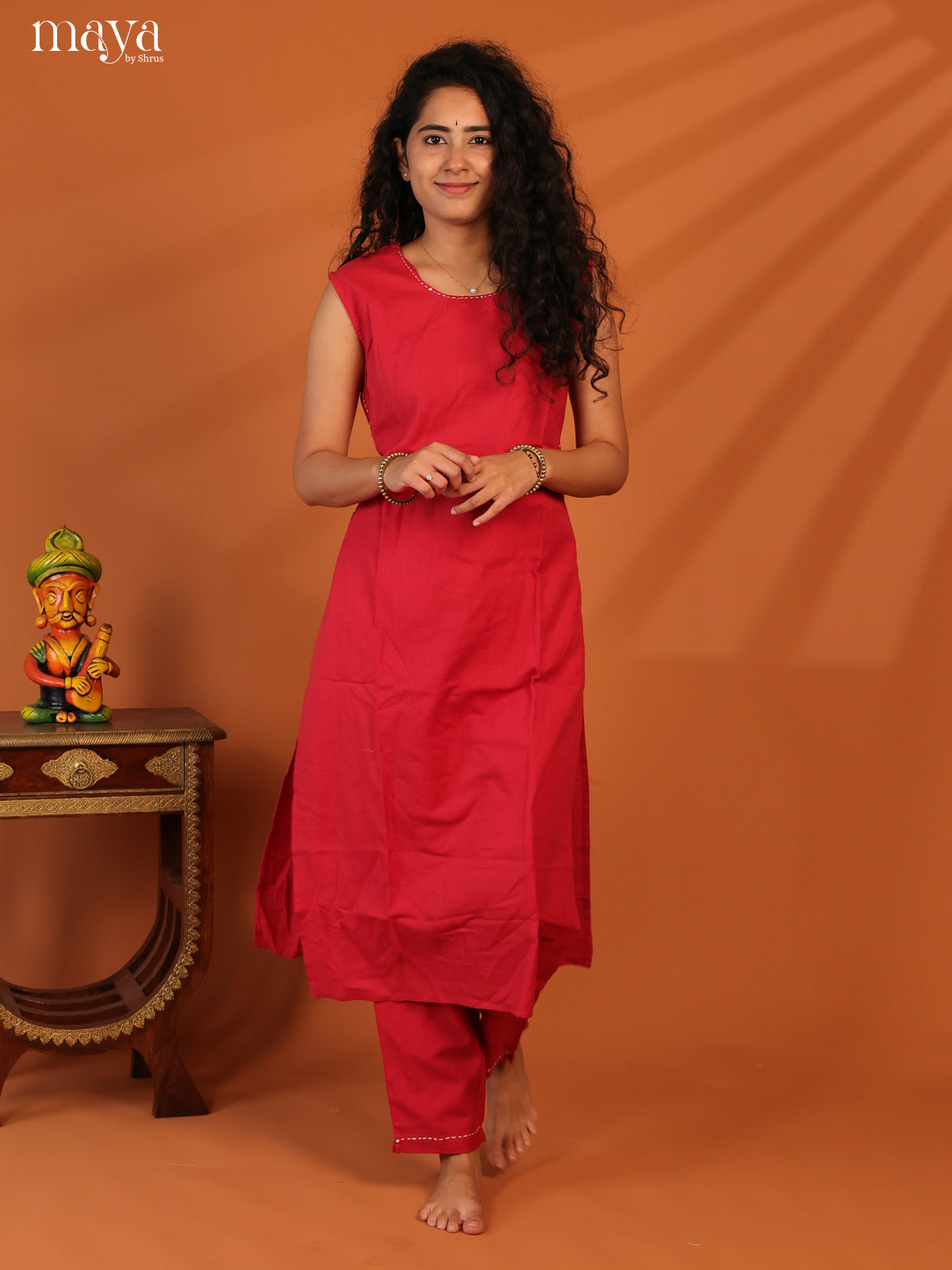 Red Cotton 2Pc Solid Salwar Suit - Top & Bottom