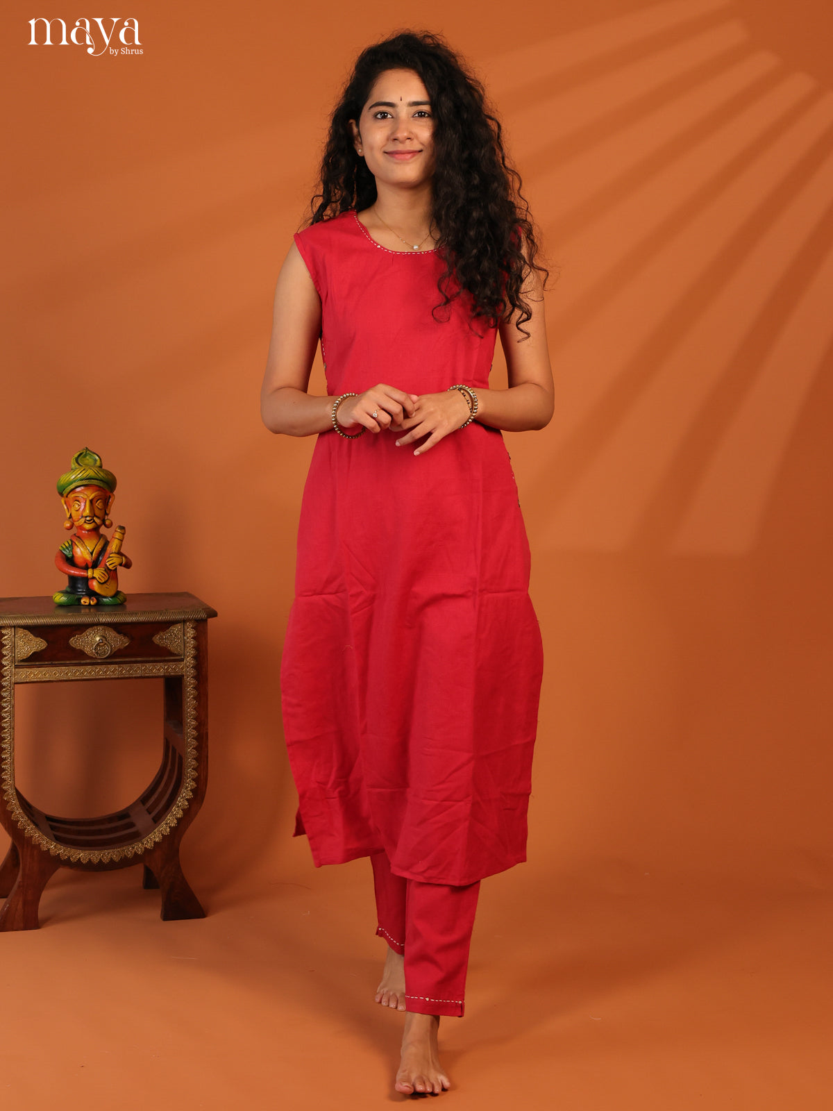 Red Cotton 2Pc Solid Salwar Suit - Top & Bottom
