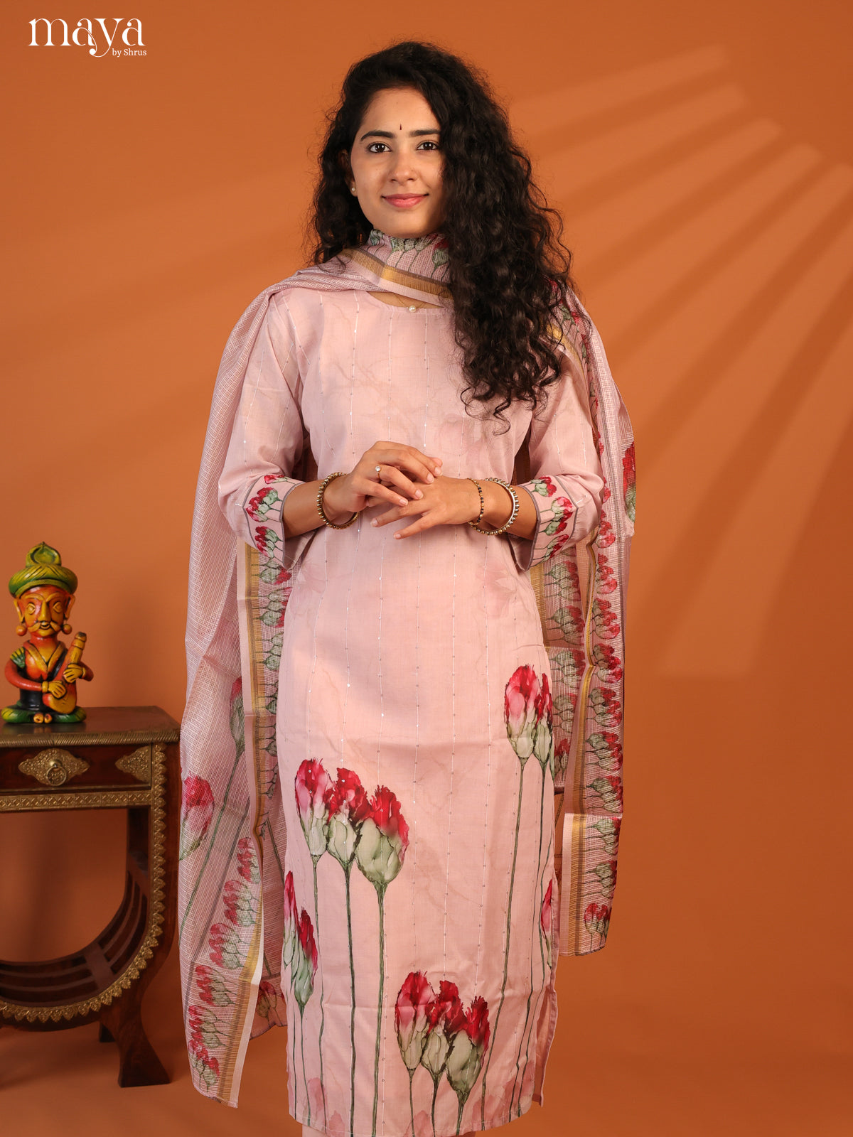 Pink Cotton 3Pc Salwar Suit With Floral Print - Top, Bottom & Dupatta