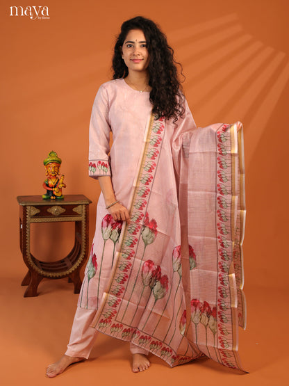 Pink Cotton 3Pc Salwar Suit With Floral Print - Top, Bottom & Dupatta