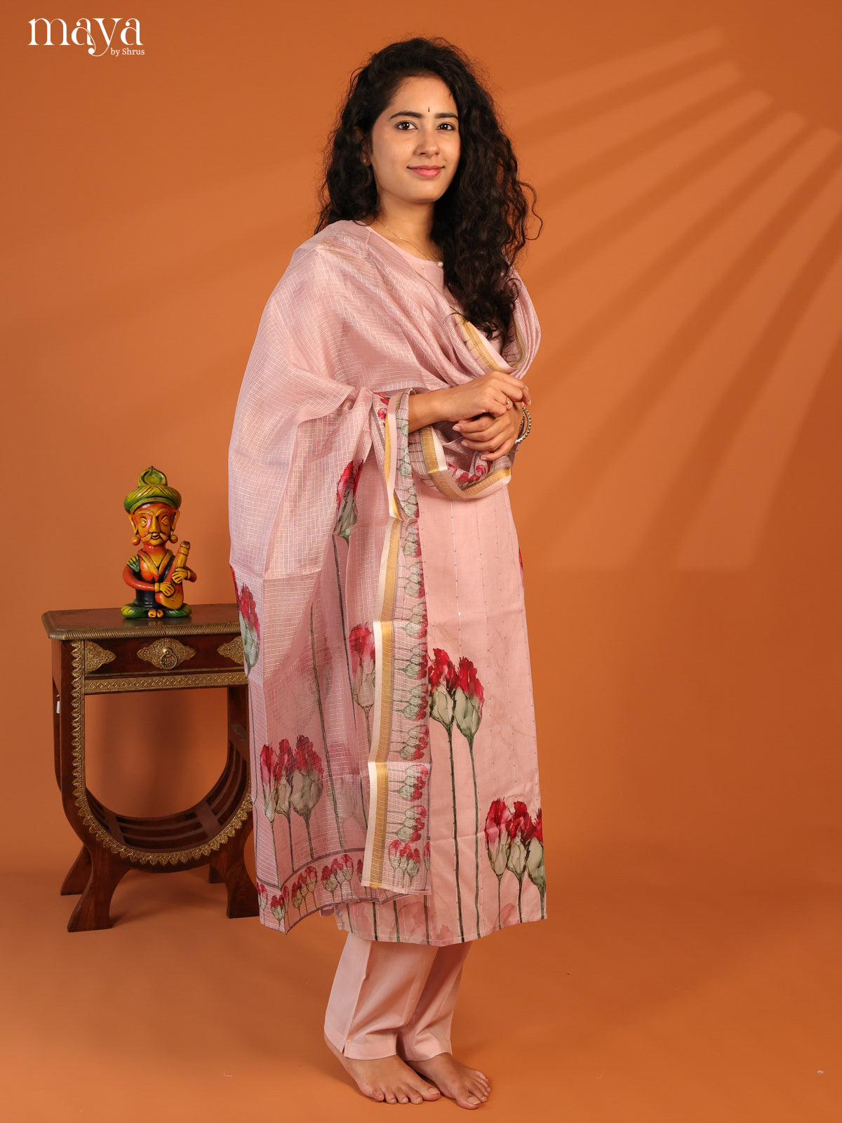 Pink Cotton 3Pc Salwar Suit With Floral Print - Top, Bottom & Dupatta
