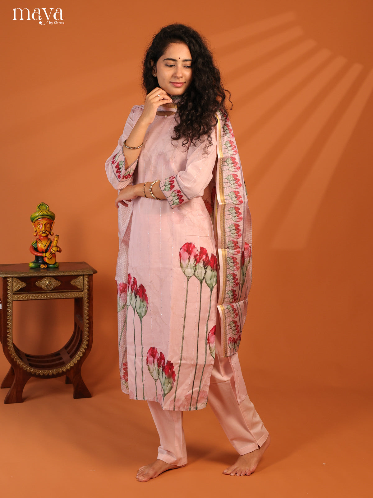 Pink Cotton 3Pc Salwar Suit With Floral Print - Top, Bottom & Dupatta