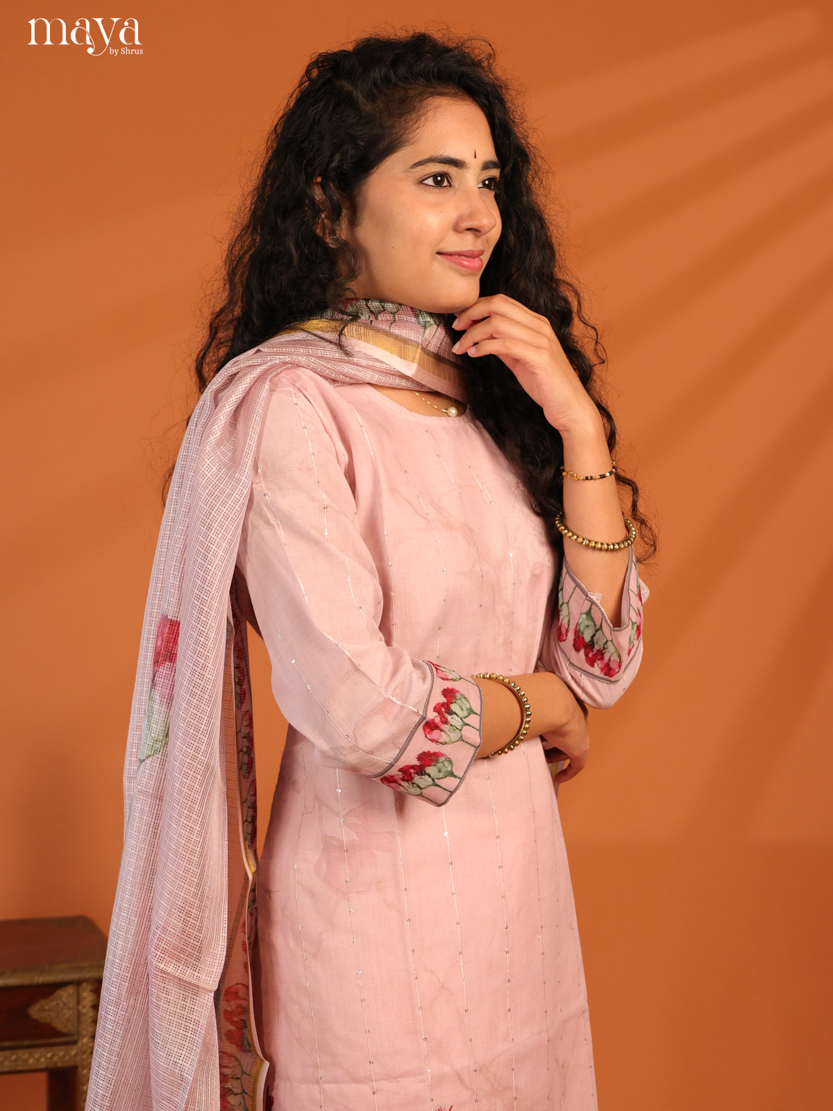 Pink Cotton 3Pc Salwar Suit With Floral Print - Top, Bottom & Dupatta