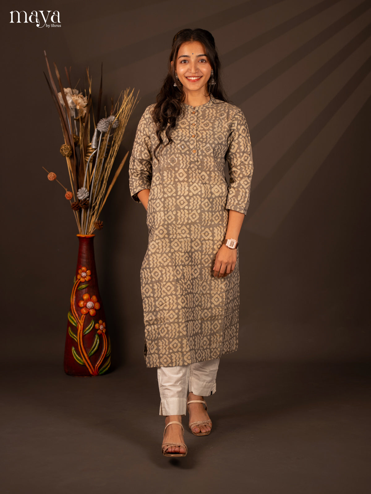 Grey Batik Printed Cotton Kurti