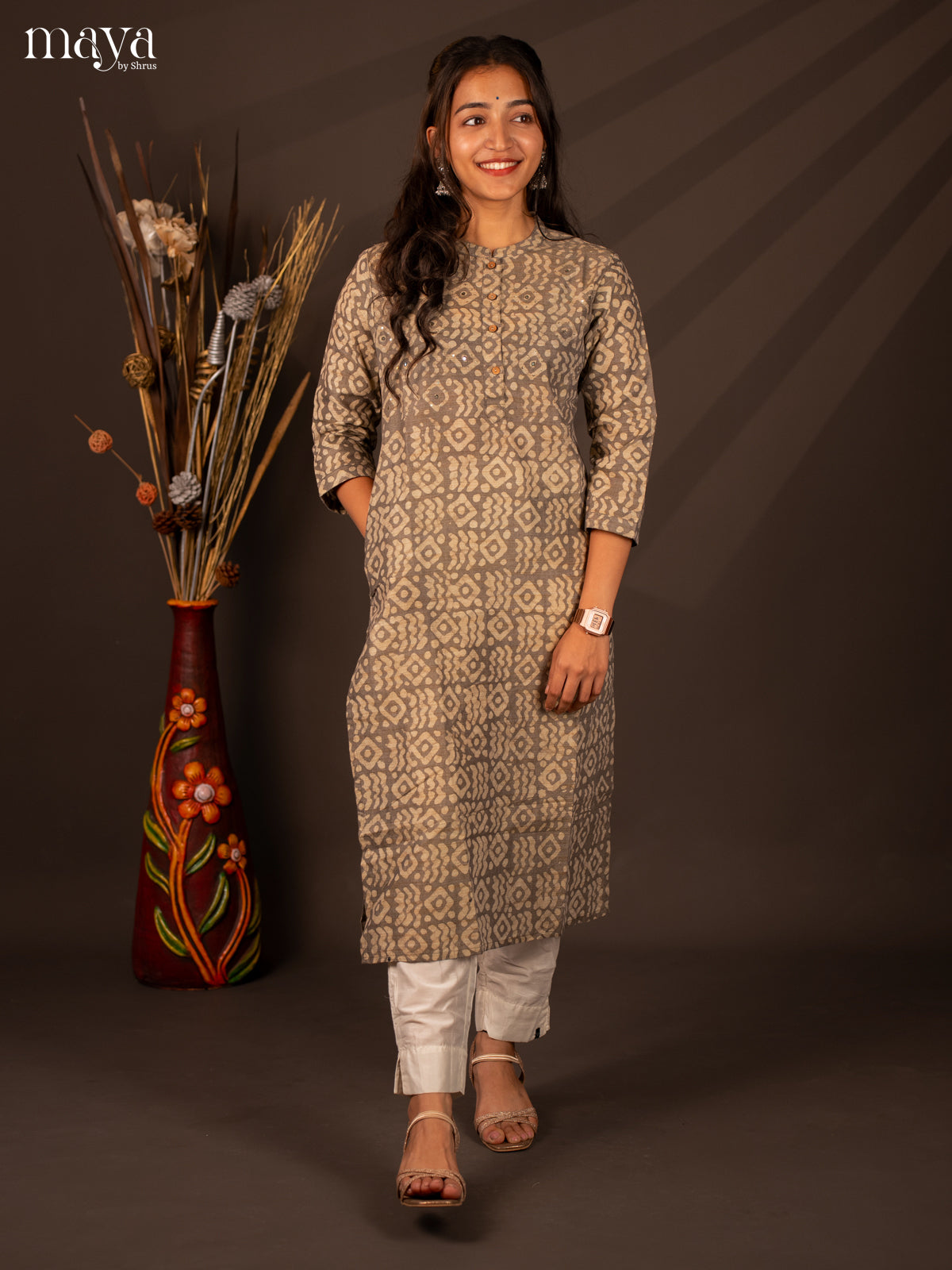 Grey Batik Printed Cotton Kurti