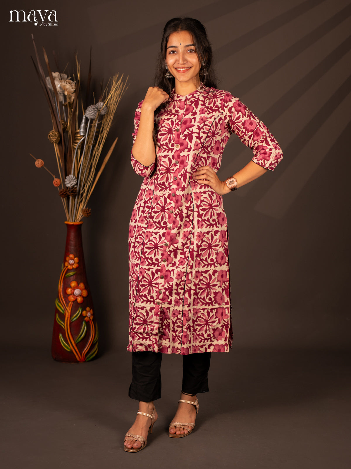 Cream Floral Printed Cotton Kurti