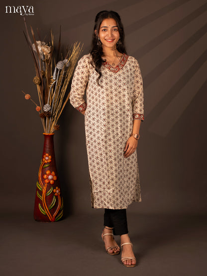 Cream Warli Printed Cotton Kurti