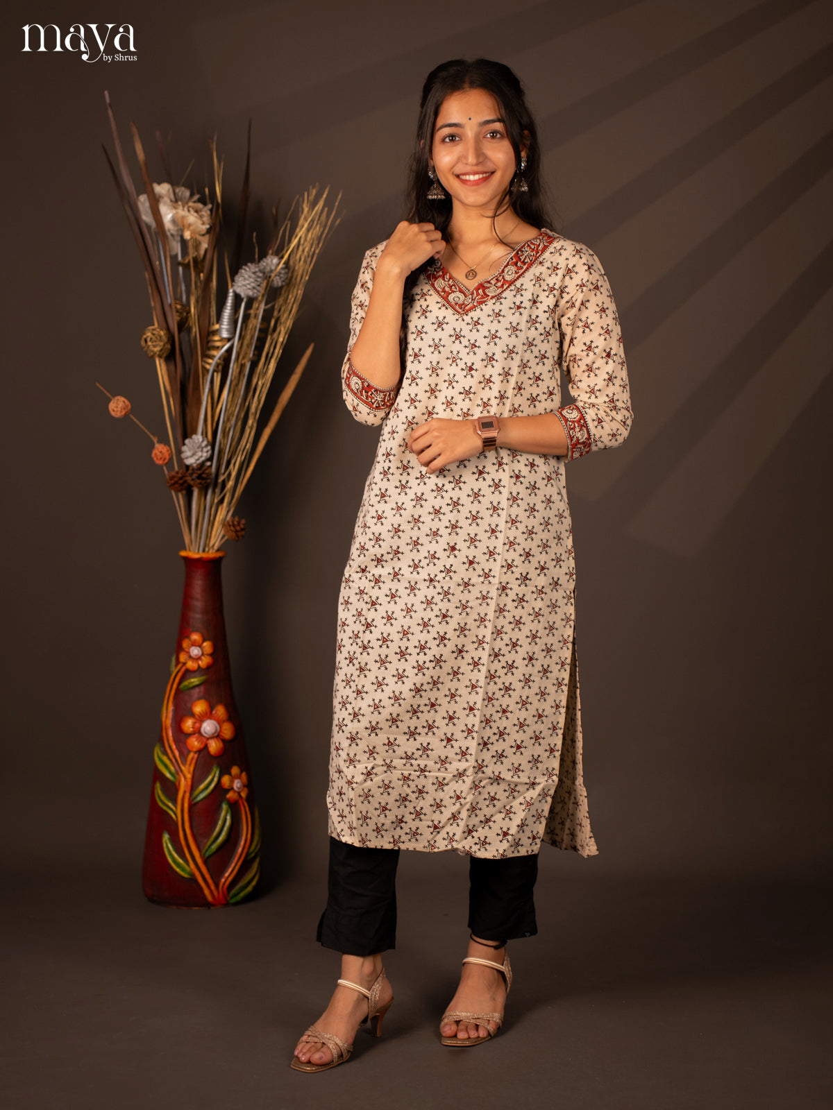 Cream Warli Printed Cotton Kurti