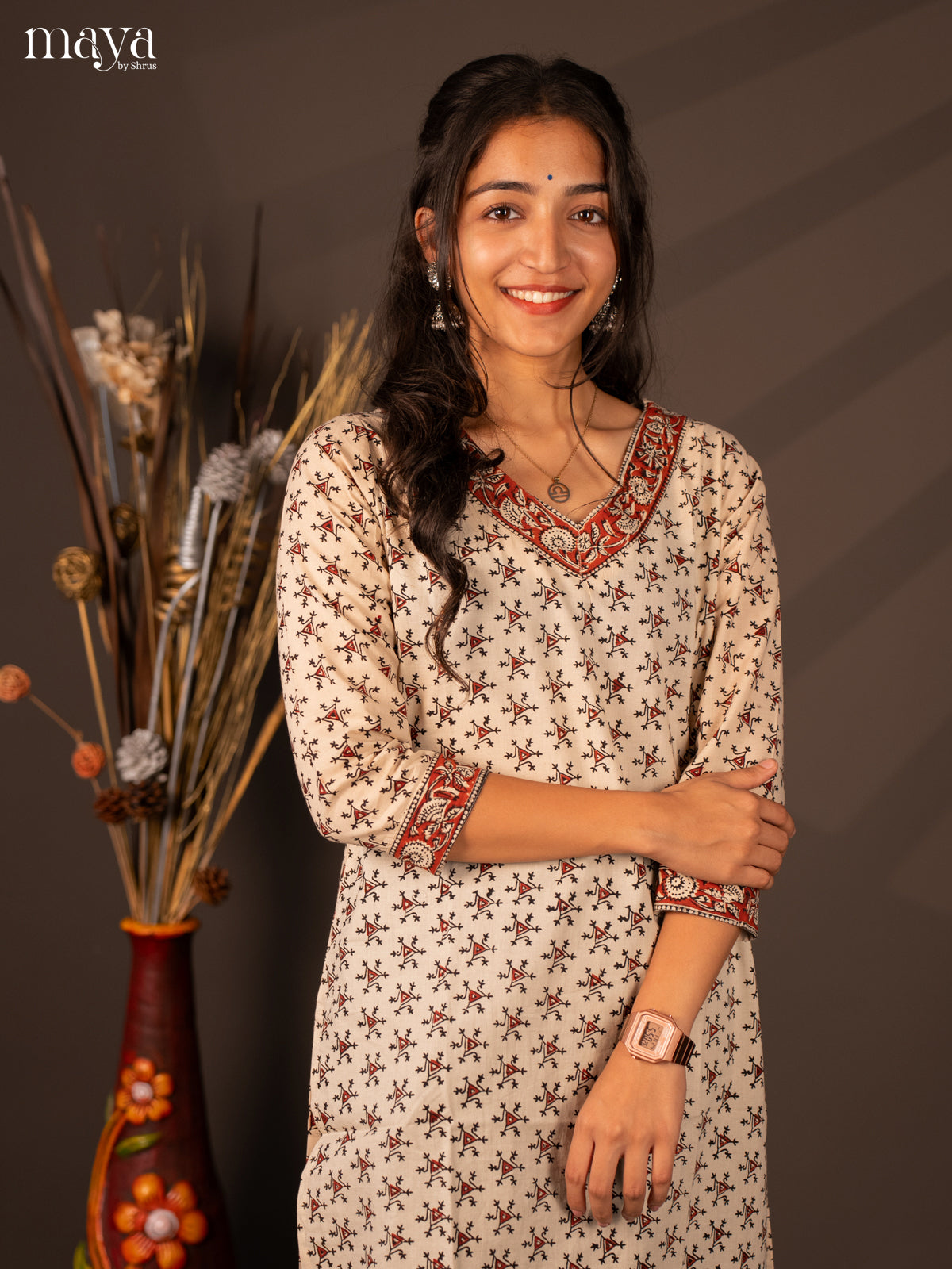 Cream Warli Printed Cotton Kurti