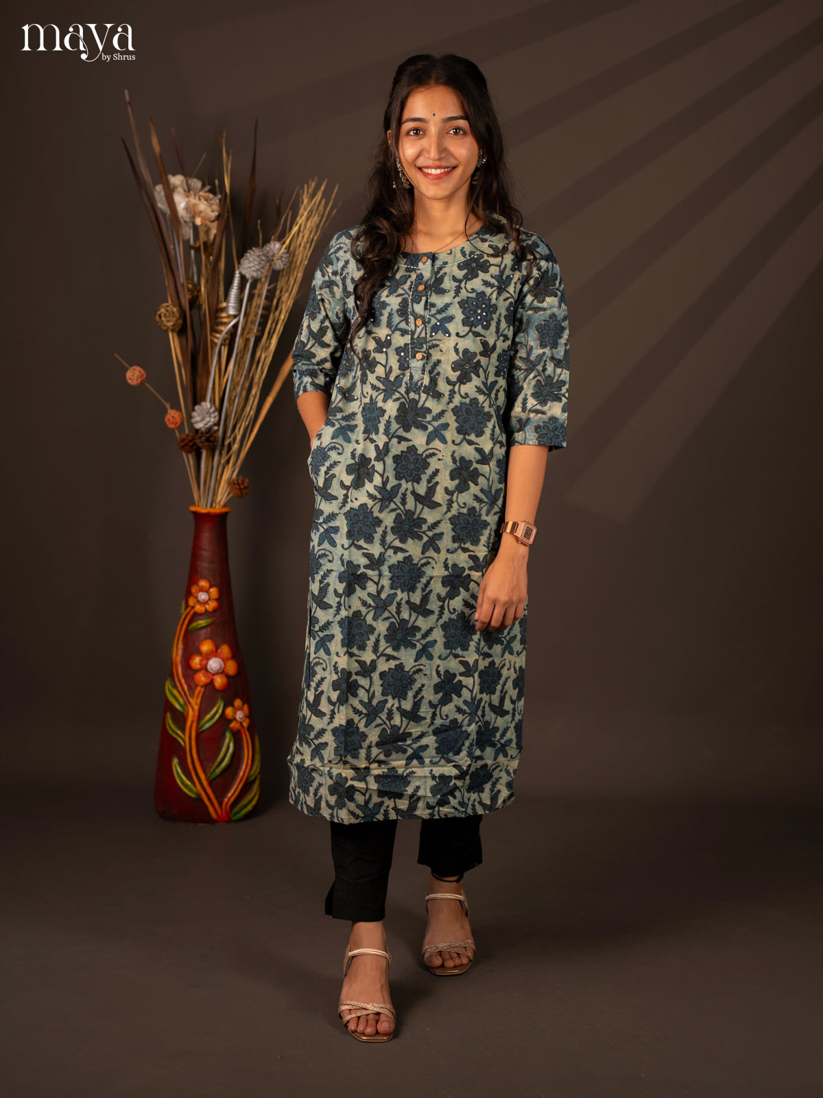 Blue Floral Printed Cotton Kurti