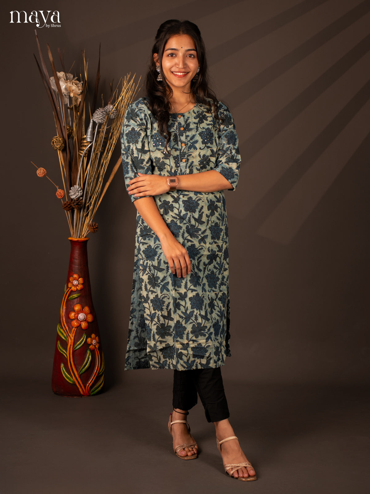 Blue Floral Printed Cotton Kurti