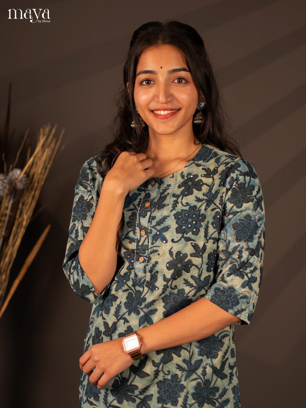 Blue Floral Printed Cotton Kurti
