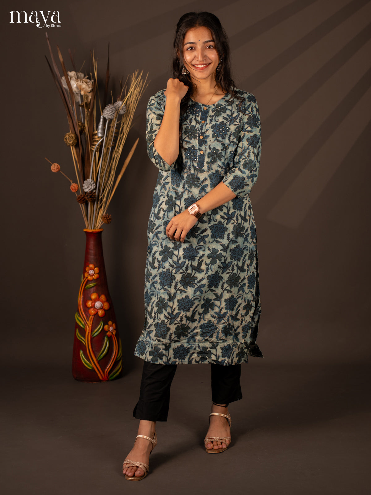 Blue Floral Printed Cotton Kurti